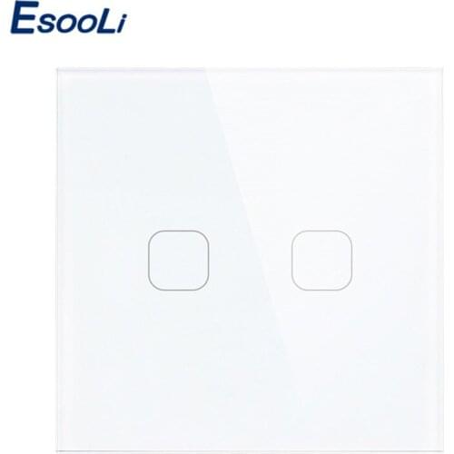Esooli EU Standard 2 Gang 1 Way Touch Switch, AC 220~250V,White Crystal Glass Panel, No remote function Touch Switch