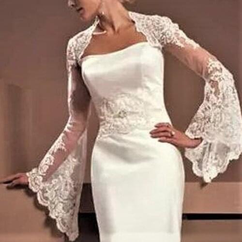 Wedding Bolero Lace White Long Sleeve Jacket Handmade Customized Keyhole Back Jacket for Elegant Bridal Prom Party Bolero 2021