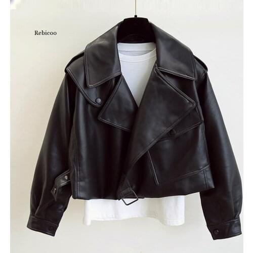 New Spring Women Faux Leather Jacket Biker Red White Coat Turndown Collar PU Motorcycle Jackets Loose Streetwear Outerwear
