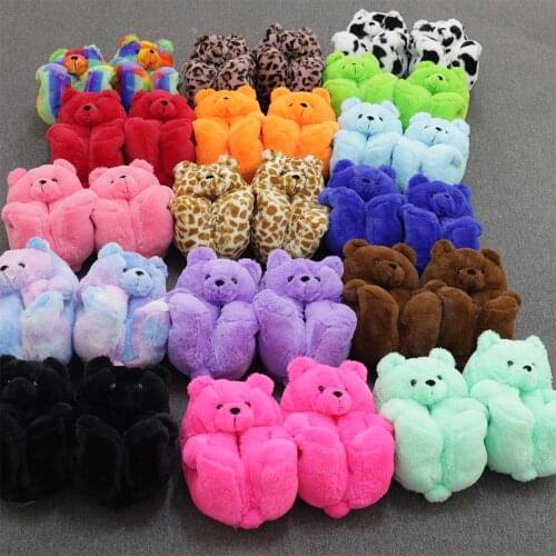 Women Home Indoor Soft Anti Slip Faux Fur Cute Slippers Winter Warm Shoes Cartoon Teddy Bear Slippers