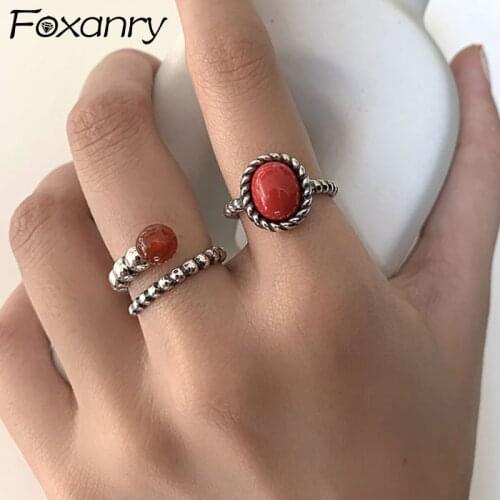 Foxanry 925 Sterling Silver Finger Rings for Women New Fashion Vintage Red Stone Chain Weaving Geometric Party Jewelry Gifts