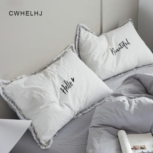 1pc Nordic Washed Cotton Pillowcase Embroidery Tassel Hello Beautif Letter for Couple pillowcase Bedroom Decorative Pillow Cover