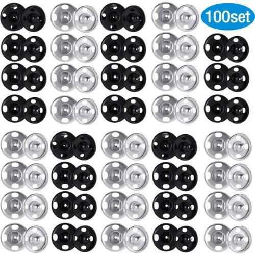 100 Sets Metal Sew-on Snap Buttons Fasteners Press Studs for Sewing Clothing Leather Jackets Jeans Bags Coats Silver+Black 12mm