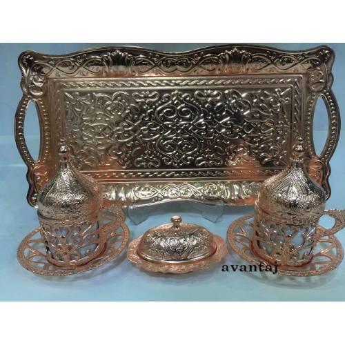 11 PRÇ .. 2.Lİ COPPER SILVER COLOR TELKARİ EMBROIDERED COFFEE KIT-FİNCAN HAND İŞCİLİĞİ
