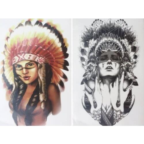 2 pcs/set Tattoo Ancient women + Indian Chief girl warrior with Feathers hat Waterproof Temporary Tattoo Stickers