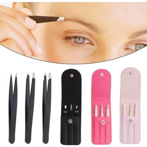 3 Pcs/set Grooming Tweezer Eyelashes Eyebrow Stainless Steel Tweezers Set with Storage Bag Makeup Tools