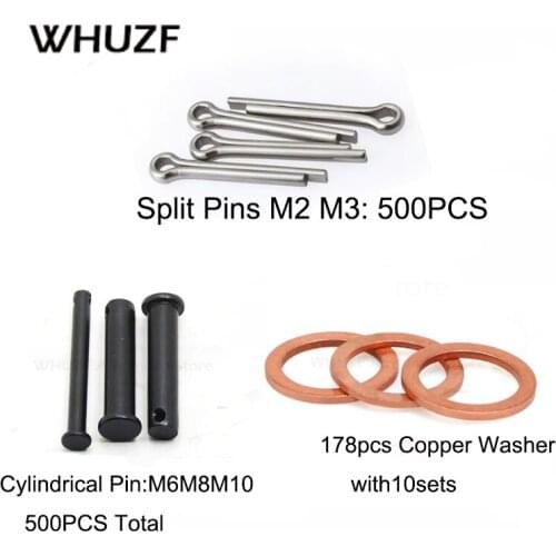500PCS Split Pins for M2 M3, 500pcs Dowel Pin for M6 M8 M10, 178pcs Copper Washer Gasket with 10sets. Check the second picture