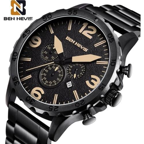 BEN NEVIS Luxury Black Watch Men Calendar Quartz Business Watches Creative Big Numeral Dial Male Bracelet Dress Full Steel Clock