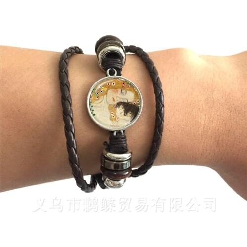 Mothers Day Bracelet Gustav Klimt The Kiss Art Jewelry Black/Brown 2 Color Leather Bracelet Adjustable Bangle Gift For Friends