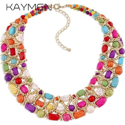 KAYMEN Elaborate kallaite Stone and Chain Stands Necklace for Girls Luxury Handmade Maxi Golden Choker Necklace Bijoux NK-01560