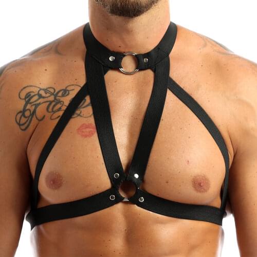 Mens Male Fashion Clubwear Body Chest Harness Belt Metal O-Ring Adjustable Shoulder Strap Club Barwear Bondage Costume