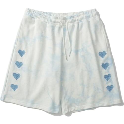 Men Sweatpants Streetwear Harajuku Embroidered Hearts Tie-Dye Short Pants Fashion Summer Elastic Waist Trousers
