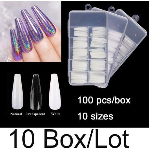 Wholesale 10 Boxes Per Package Long Coffin False Nail Tips 100 Pieces/Box 10 Sizes Ballerina Fake Nail Tips Clear Nail Tips