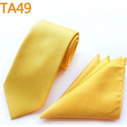 New Fashion Mens Ties Set Solid Yellow Necktie with Woven Pocket Square