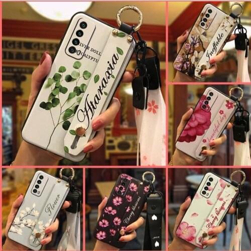 Phone Holder Original Phone Case For Huawei Y7a/P Smart 2021 Back Cover Flower Wrist Strap Durable