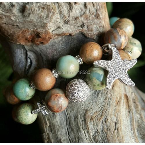 Seidiment Jaspers Beads Pave CZ Seastar Charm Micro Pave Cross Bracelets Set SE21535