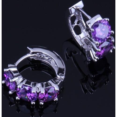 Pretty Purple Cubic Zirconia Silver Plated Huggie Hoop Earrings V0171