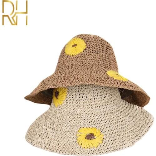Women Summer Flower Female Foldable Chapeau Femme Casual Hat Yellow Hand Embroidered Big Daisy Straw Hat RH