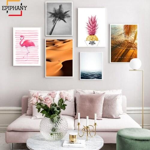 Modern Painting Pictures Wall Art Canvas Ocean Landscape Palm Tree Canvas Posters Pink Flamingo Prints Scandinavian Decoration