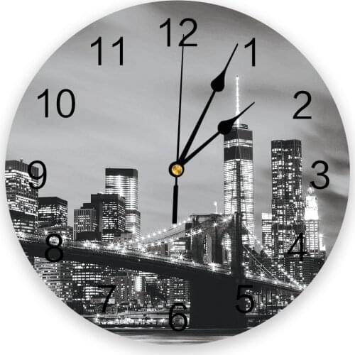 Black White Manhattan Skyline Brook Bridge Modern Wall Clock For Home Office Decoration Living Room Bathroom Decor Hanging Watch