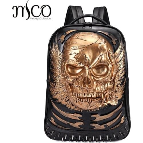 Rivet 3D Skull Skeleton Embossed Shoulder Bag Travel Punk Backpack Restore Halloween Cool Dark Gothic Carving Style Backpack