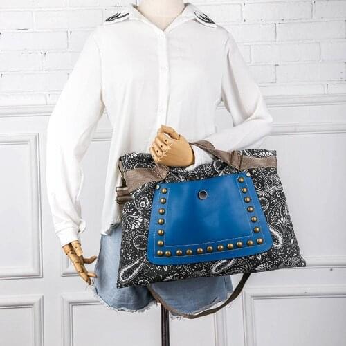 Retro Large Capacity Zipper Ethnic Handle Bag Rivet Handbags Double Sided Shopping Business Travel for Women