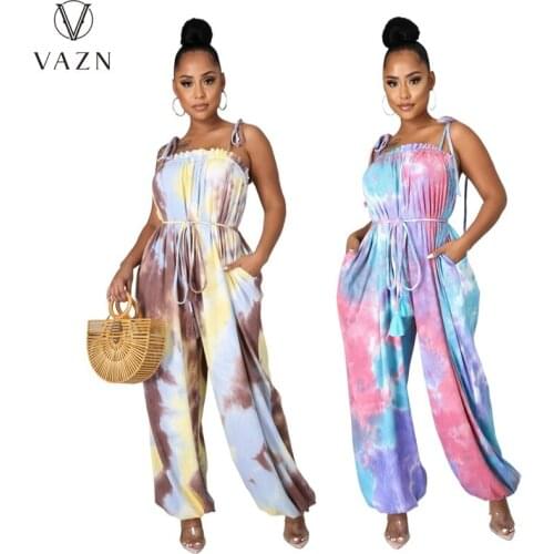 VAZN 2021 Vintage Spaghetti Strap Tie Dye Print Slim Sleeveless Sexy Club Holiday Joker Women Loose Jumpsuits
