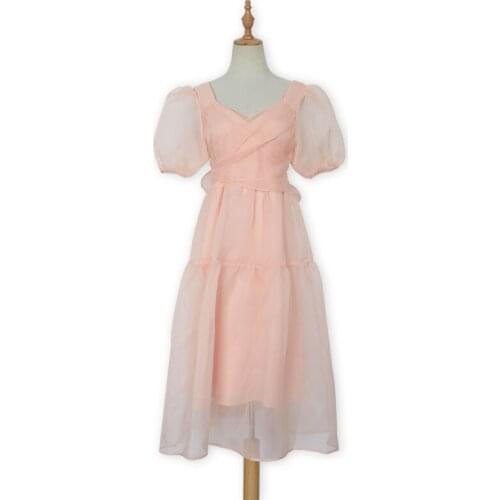 PERHAPS U Pink V Neck Puff Short Sleeve Knee Length Solid Dress Vintage Mesh D1826