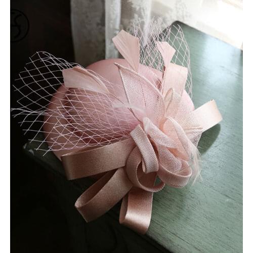FS Women Fascinator Hat Pink Feather Cocktail Wedding Party Church Hats Fashion Headwear Black White Hair Accessories For Bride