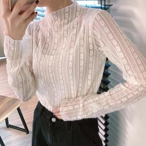 Women Lace Blouses Shirt Turtleneck Long Sleeve Sexy Mesh Hollow out Tops Fashion Solid Black White Spring Autumn Pullovers