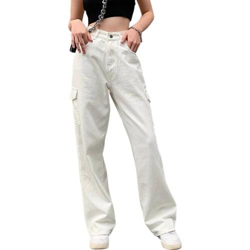 Women Casual Loose Style Jeans, Solid Color High Waist Wide-leg Pants with Big Pockets, White/ Dark Blue/ Black