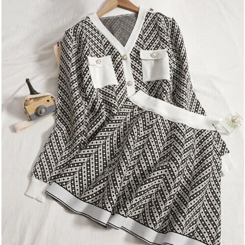 Autumn Winter Plaid Sweater Skirt Suit Women 2 Piece Set Long Sleeve V Neck Pearl Button Knitted Skirt Sets Top+A Line Skirt Set