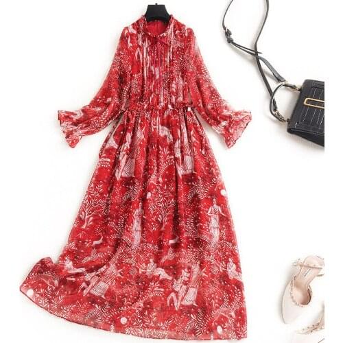 Women Floral Print Chiffon Long Dress New 2021 Spring Summer Drawstring Bowknot Waist Ruffles Flare Sleeve Red Dresses