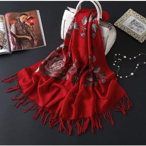 100% Wool Scarf 190*60cm Boutique Embroidered Peony Luxury Women Autumn Winter Warm Coat Scarves Shawl
