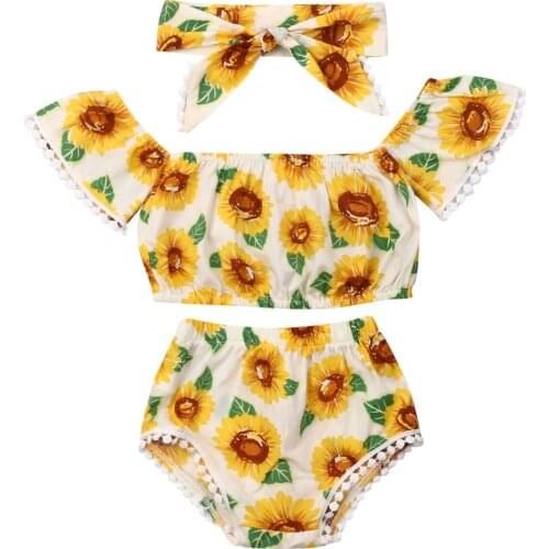 0-18M Newborn Baby Girl Sunflower Clothes Off shoulder Tassel Ball Crop Tops Bloomers Shorts Headband 3PCS Baby Clothing Set