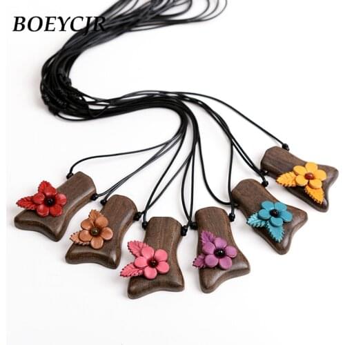 BOEYCJR 6 Colors Available Vintage Leather Flower Pendant Necklace Handmade Jewelry Wooden Pendant Necklace for Women