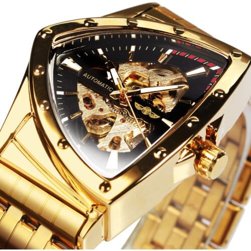 WINNER Triangle Skeleton Gold Black Watch for Men Automatic Mechanical Wristwatch Irregular Luxury Stainless Steel Strap relogio