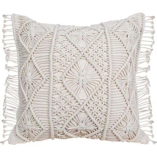 Macrame Throw Pillow Case with Fringe Tassels Farmhouse Bohemian Handmade Crochet Diamond Woven Decorative Cushion Cover for
