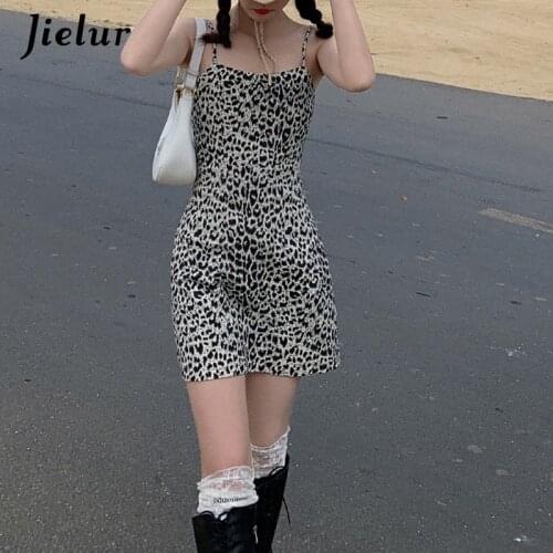 Jielur High Waist Camisole Dress Women Retro Leopard Printing Suspender Dress Female A-line Sleeveless Mini Dresses for Womens