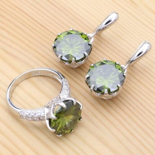Olive Green Cubic Zirconia White Crystal 925 Sterling Silver Bridal Jewelry Set For Women Earrings Ring Set