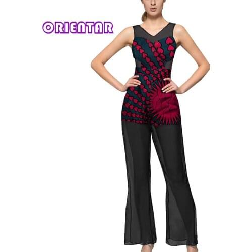 Sexy See-through African Jumpsuit for Women African Clothes Africa Kanga Batik Wax Print Black Yarn Lady Long Jumpsuits WY5450