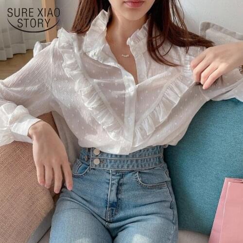 Korean Ruffle Stitching Long Sleeve Chiffon Shirt Stand Collar Wavelet Dots Micro-transparent Blouse Women Loose Clothes 15675