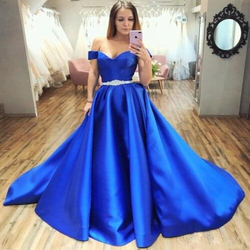 Royal Blue Cheap Evening Dresses with Rhinestone Sash Ruffles Skirt Formal Gown Sweep Train Satin Prom Dress