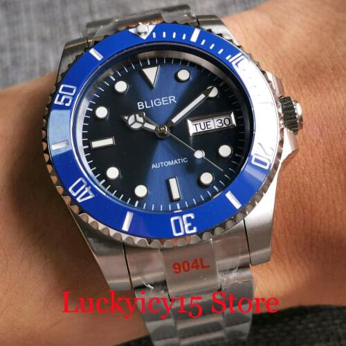 BLIGER Sunburst Blue NH36A Weekday Date Men Watch Selfwinding Movement Brushed Glide Lock Oyster Band Ceramic Insert