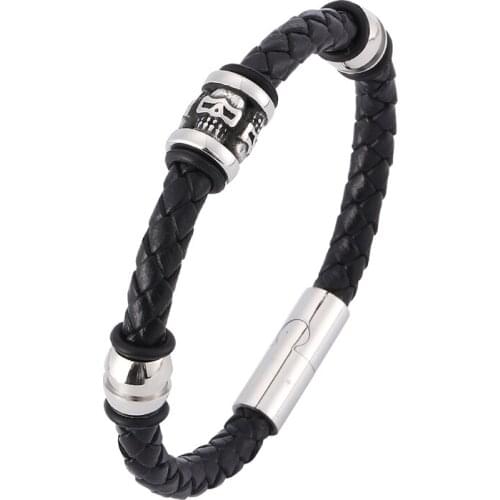Punk Vintage Men Jewelry Black Braided Leather Rope Bracelet Skull S.Steel Magnetic Clasp Skeleton Leather Wristband Male SP0413
