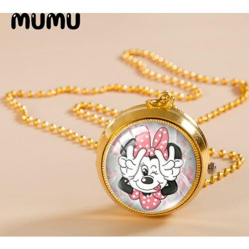 2021 New Minnie Mouse Pocket Watch Necklace Cartoon Gold Color Vintage Watch Glass Dome Pendant Jewelry Gifts Children