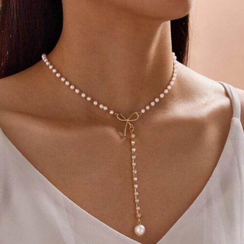 Japan And South Korea Imitation Pearl Bow Necklace Fashion Net Red Clavicle Chain Female Personality Neck Jewelry Necklace Trend