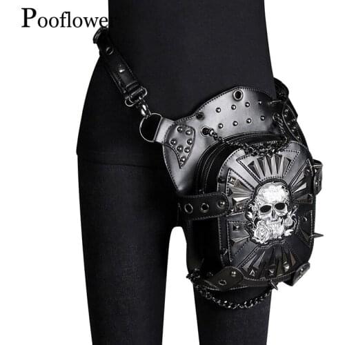 Pooflower Gothic Rivet Chains Leg Bag Punk Pu Leather Waist Bag for Women Men Running Belt Bag Pouch Bum Bag Shoulder Bag ZH099