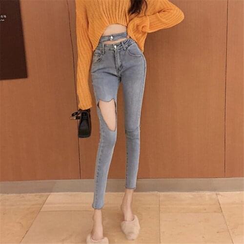 Real shot 2020 new fashion temperament all-match ripped high waist hollow jeans slim stretch pencil pants