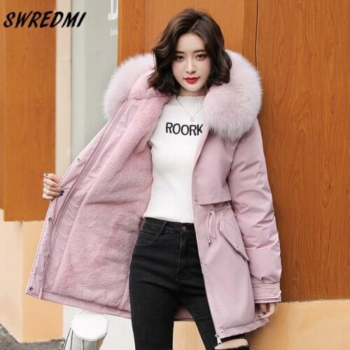 SWREDMI Long Parkas Ladies Fur Lining Warm Jacket Hooded Snow Wear Clothing Women Slim Fashion Coat Office Lady S-3XL
